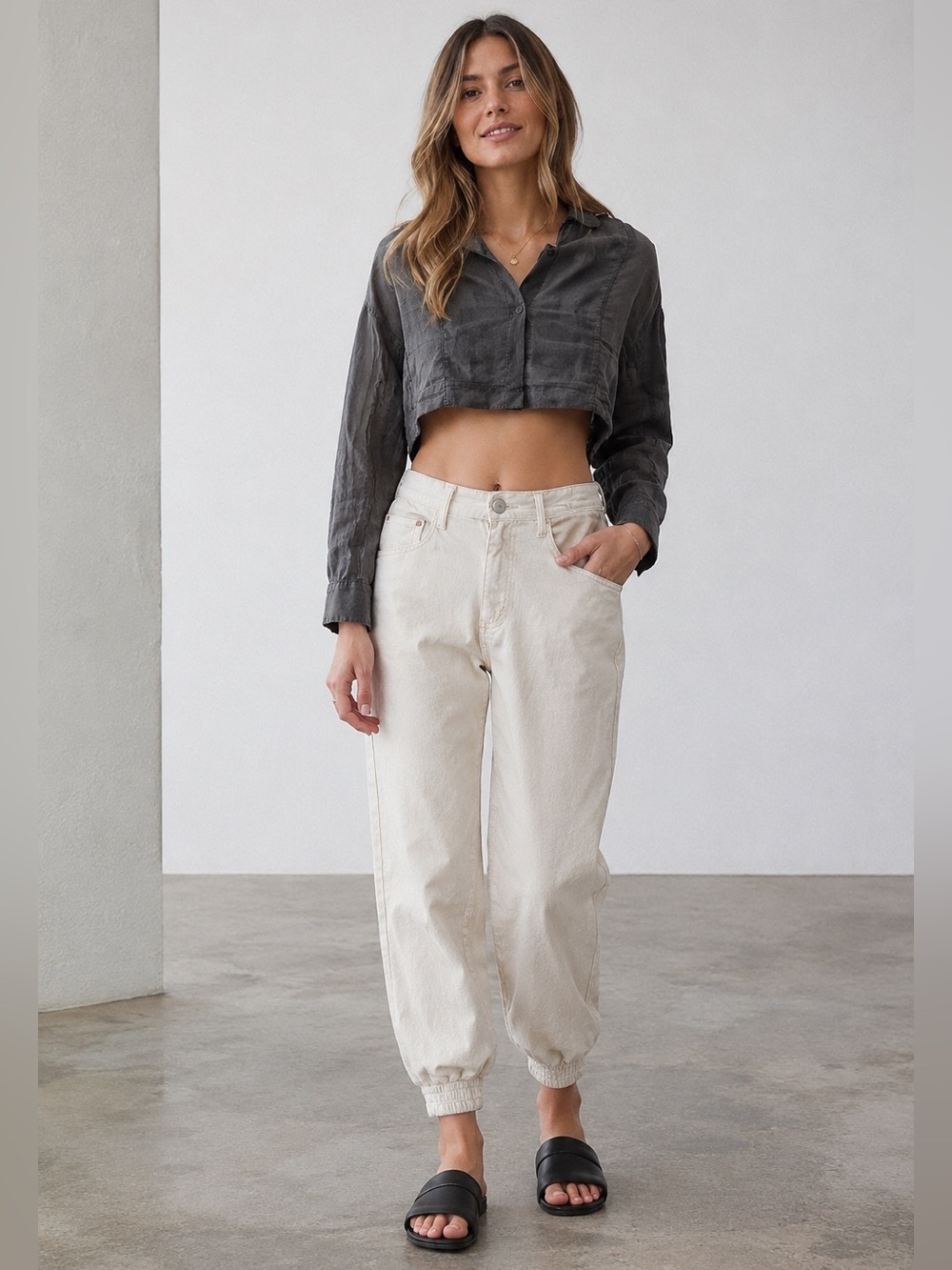 ZARA The Mercer Jogger Mid Slim Fit Cropped Leg Ecru Size L NEW